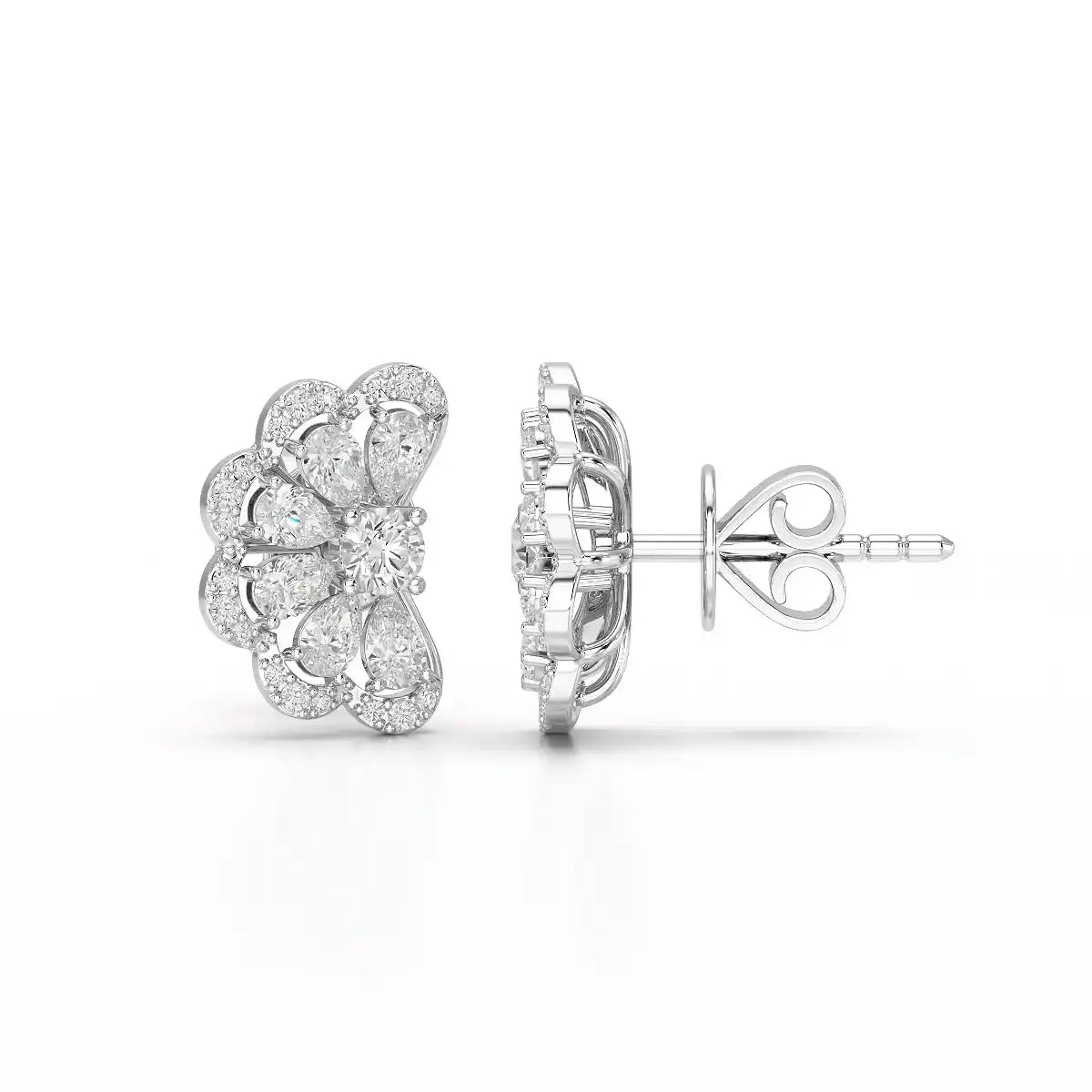 0.95 CT Flower Shape Stud Earring with Pear & Round cut Lab Diamonds