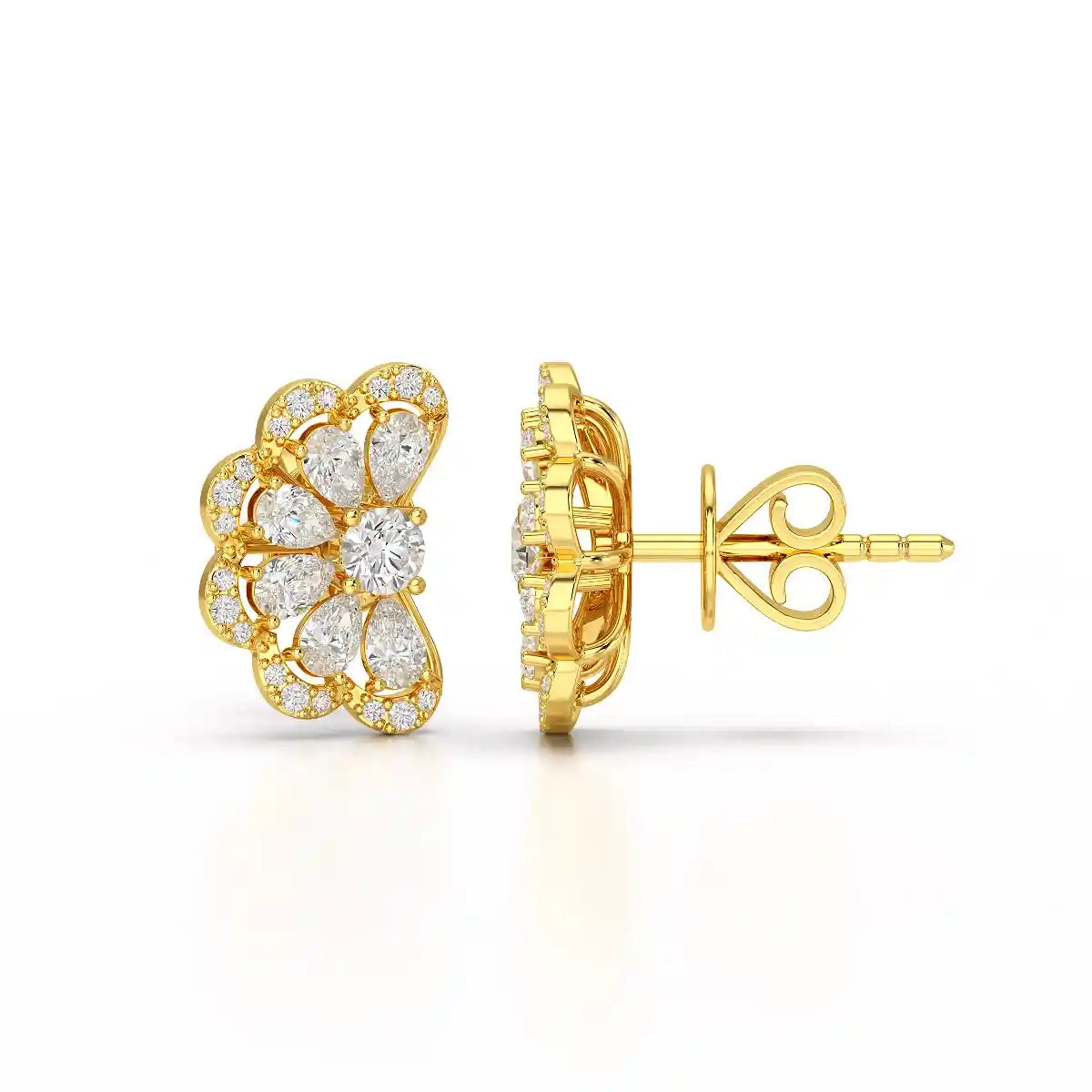 0.95 CT Flower Shape Stud Earring with Pear & Round cut Lab Diamonds