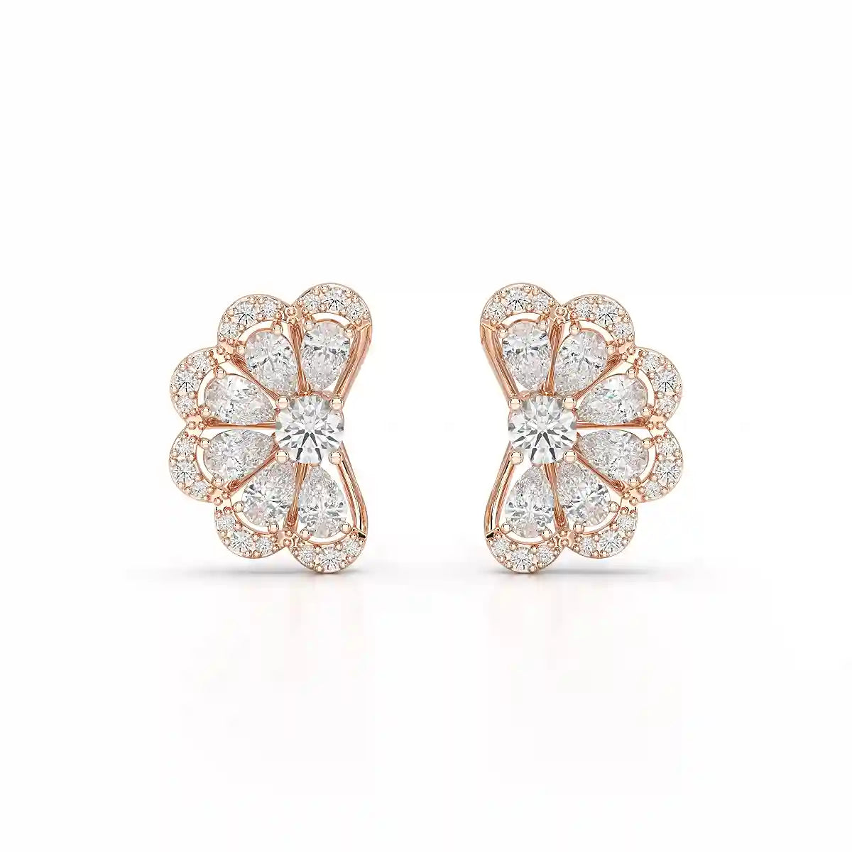 0.95 CT Flower Shape Stud Earring with Pear & Round cut Lab Diamonds