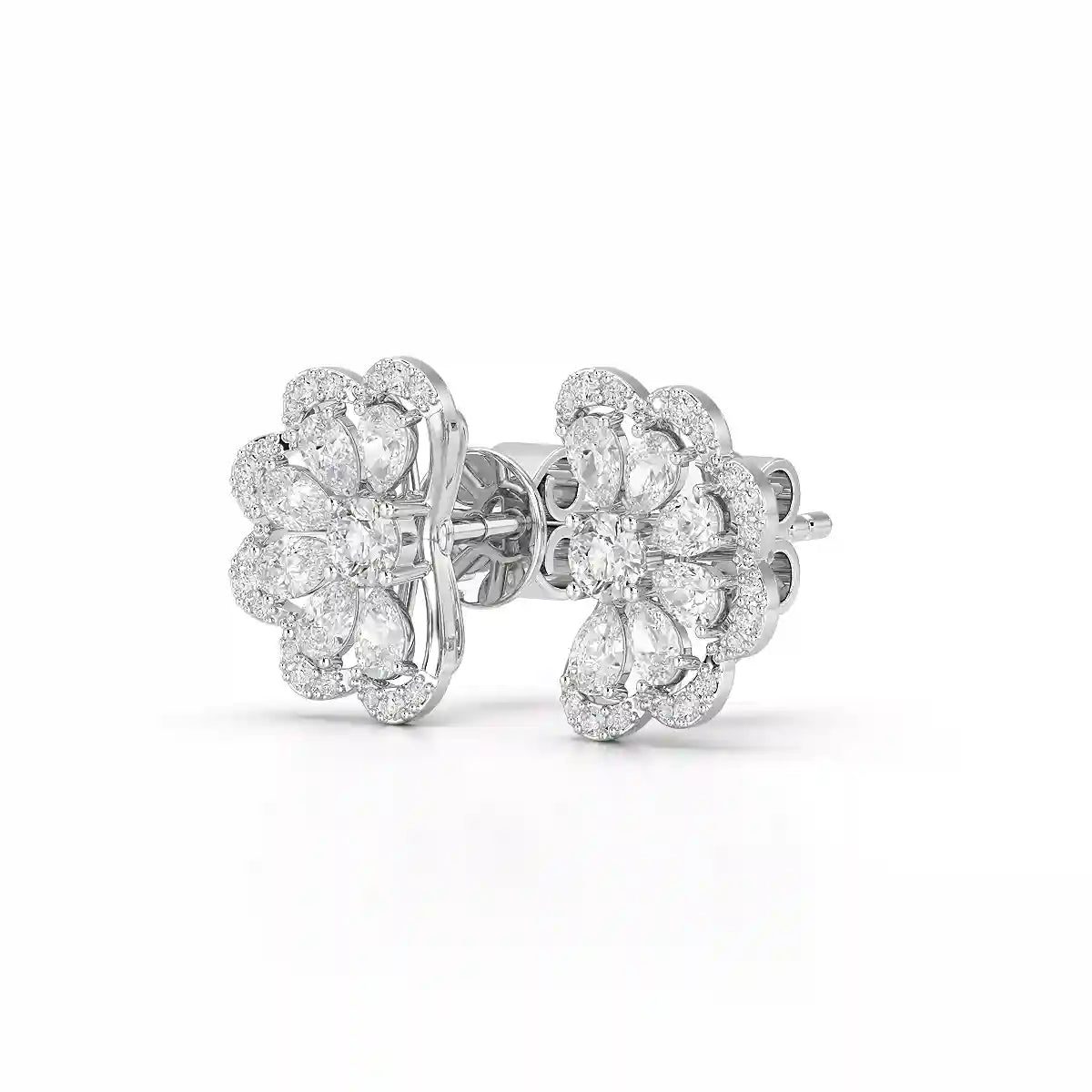 0.95 CT Flower Shape Stud Earring with Pear & Round cut Lab Diamonds
