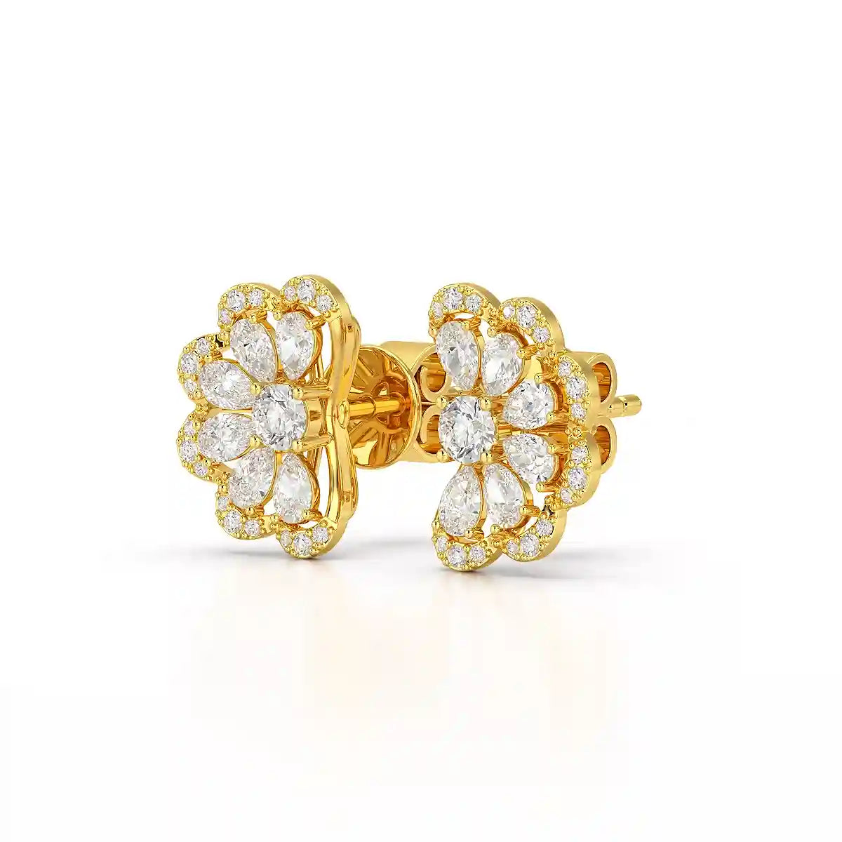 0.95 CT Flower Shape Stud Earring with Pear & Round cut Lab Diamonds