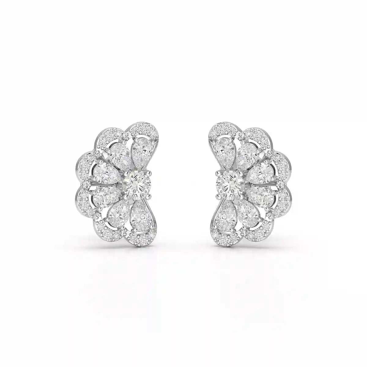 0.95 CT Flower Shape Stud Earring with Pear & Round cut Lab Diamonds