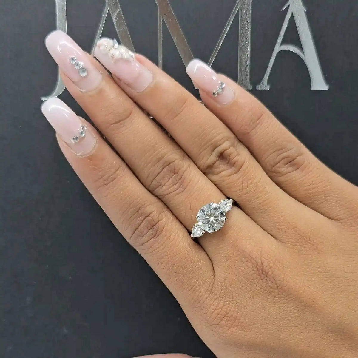 3.10 CT Lab Diamond Round & Pear Cut Three Stone Ring (Ready for Delivery) Jama Jewels