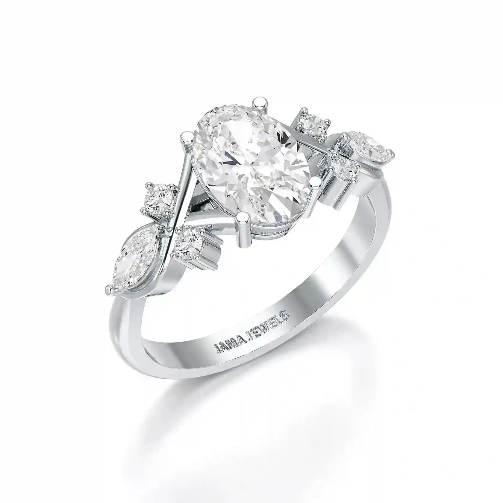 1.80 CT Oval Cut Sideways Ring with Marquise & Round Side Diamonds