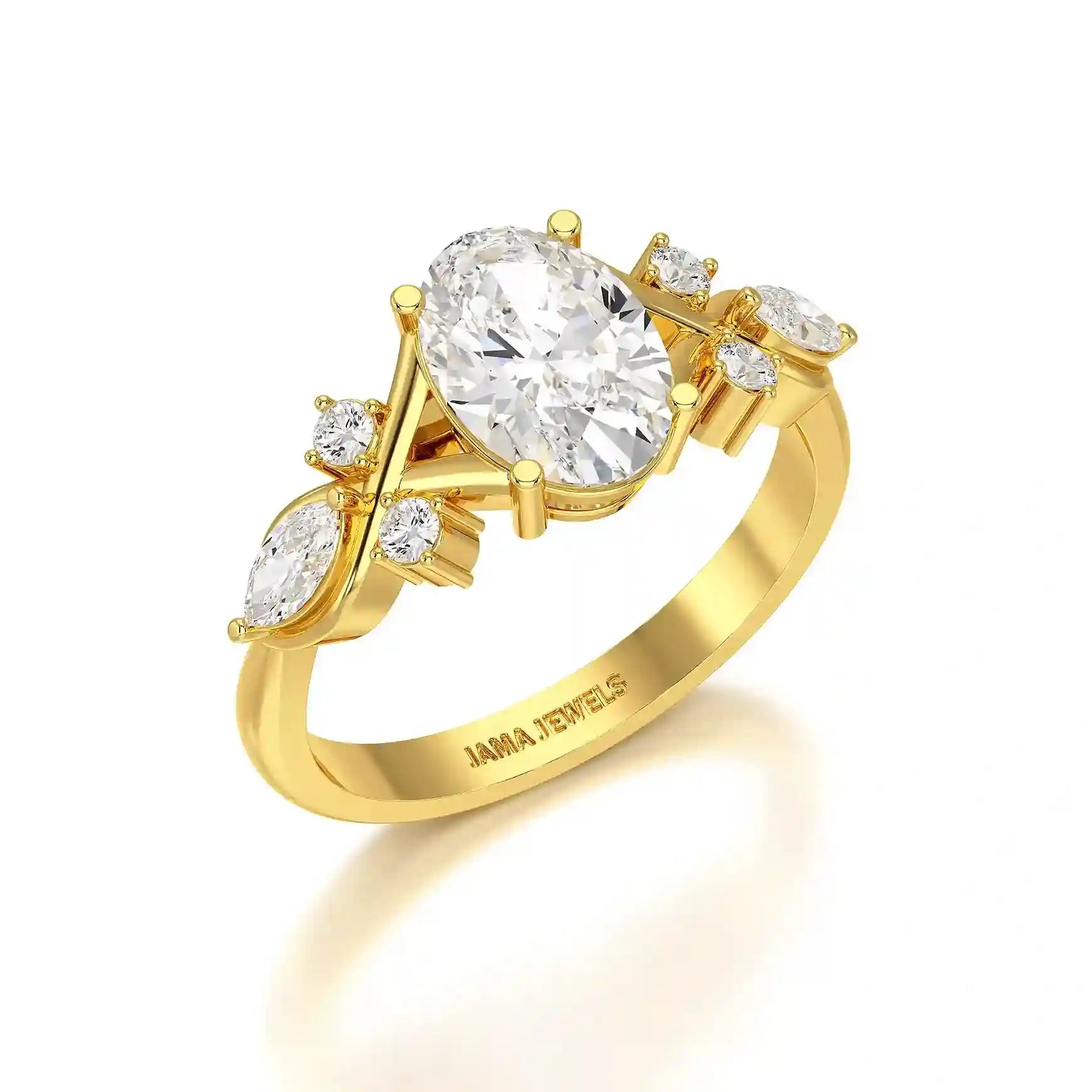 1.80 CT Oval Cut Sideways Ring with Marquise & Round Side Diamonds