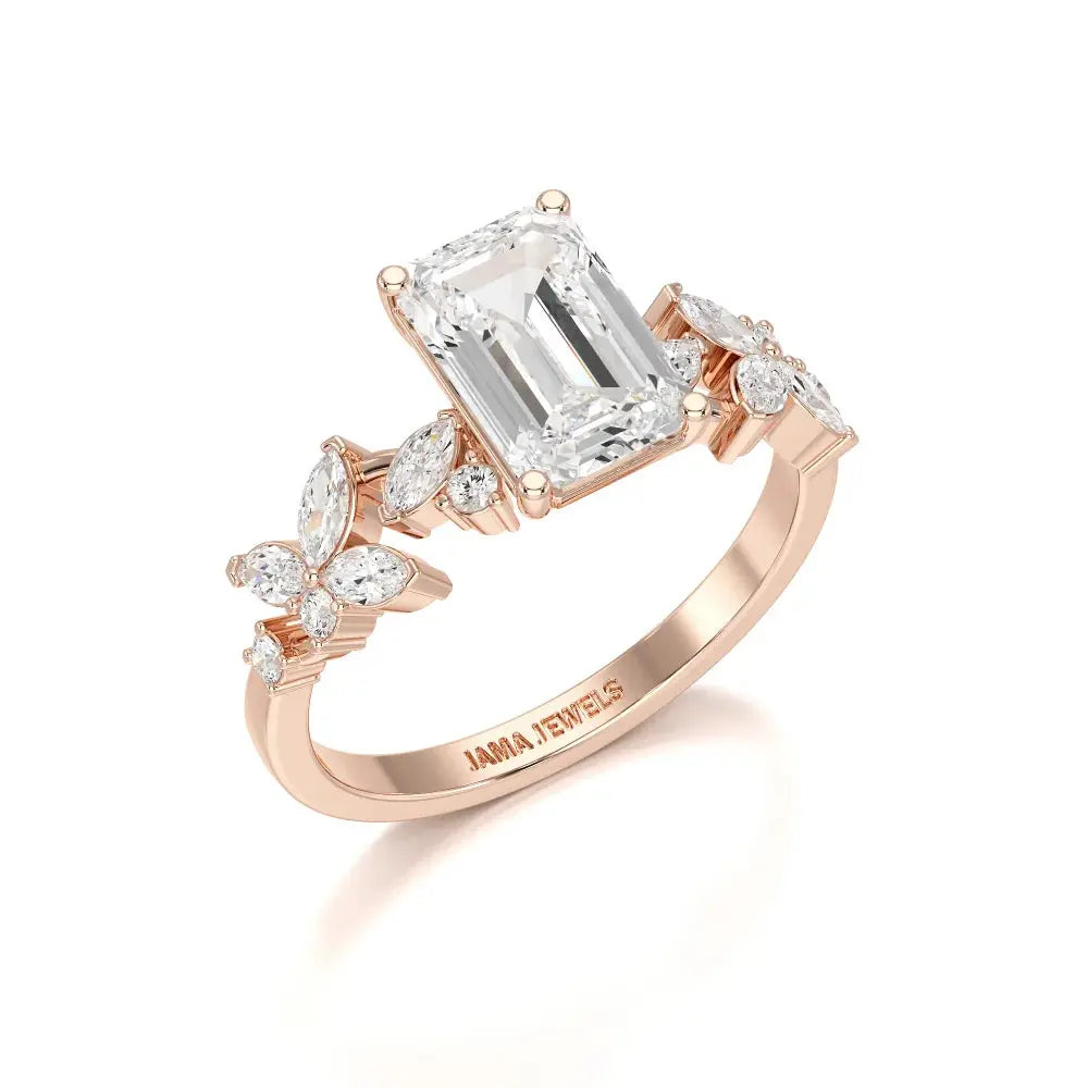 2.45 CT Emerald Cut Diamond Ring with Marquise & Round Diamonds Jama Jewels