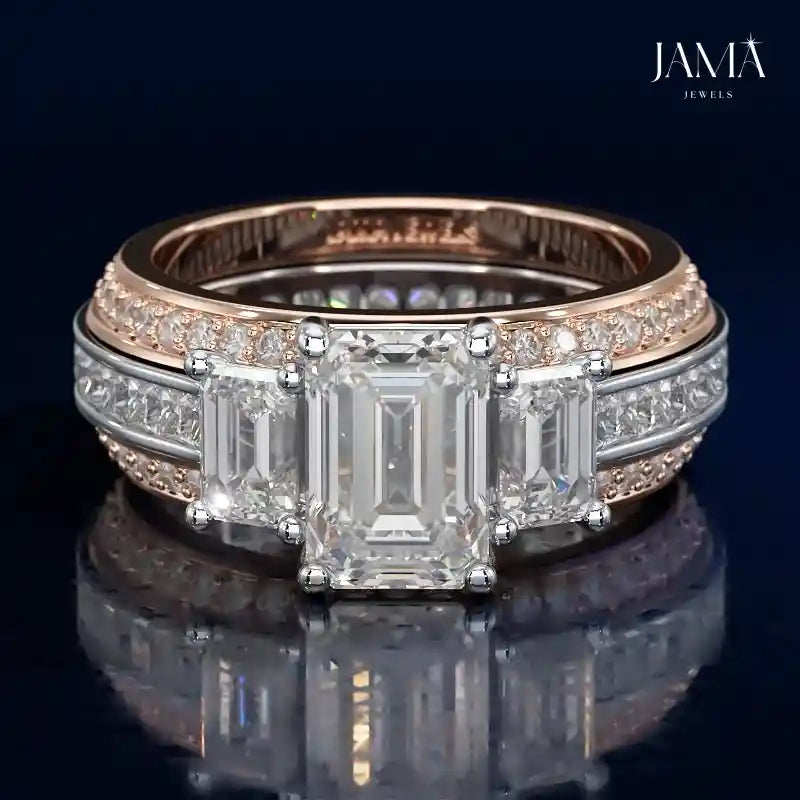 3 Stone Emerald Cut Two-Tone Lab Diamond Ring