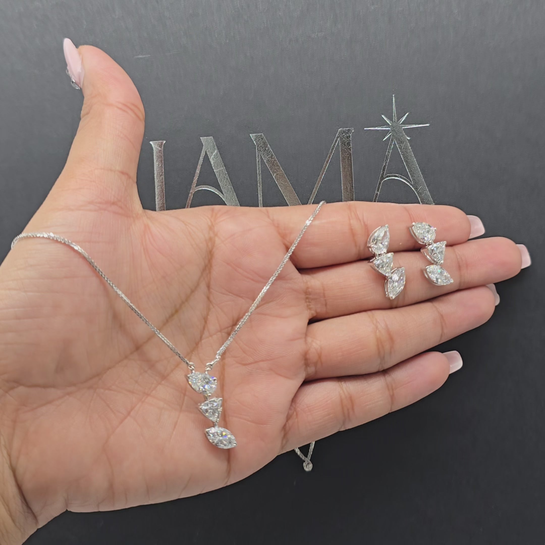 7.70 CT Three Stone Drop Diamond Jewellery Set - Earring & Chain Pendant (Ready for Delivery)